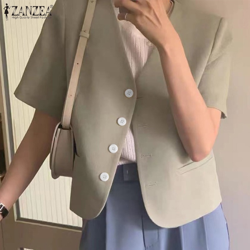 Áo khoác blazer ZANZEA ngắn tay cổ v cài nút thời trang Hàn Quốc cho nữ
