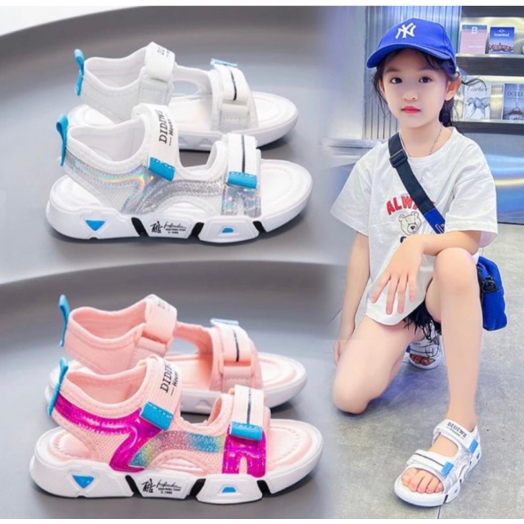 Giày quai dán chất dù chống nước cho bé trai bé gái hai màu tím trắng quai dán sọc bảy sắc cầu vòng siêu mềm