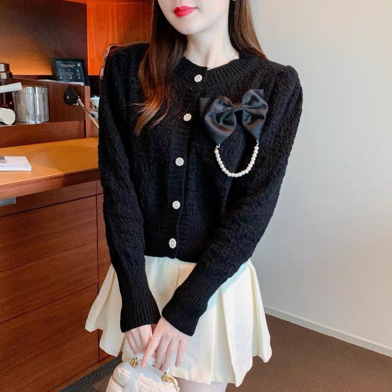 Áo cardigan len đính nơ ngọc siêu xinh