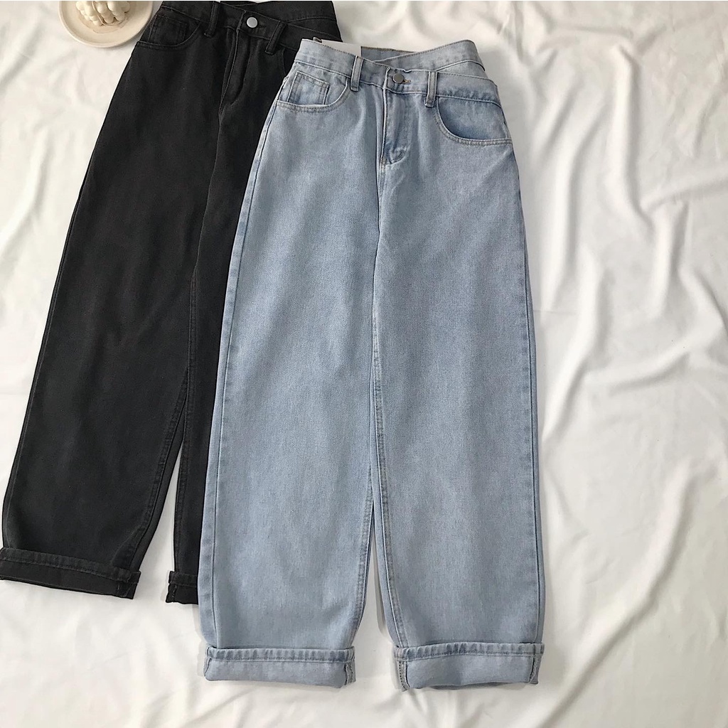 Quần Jeans Nữ Ống Suông Cạp Đỉa JEM CLOSET Quần Baggy SEFAN Có Hai Màu Xanh Và Đen Chất Dày Dặn Dễ Mix Đồ - 2805