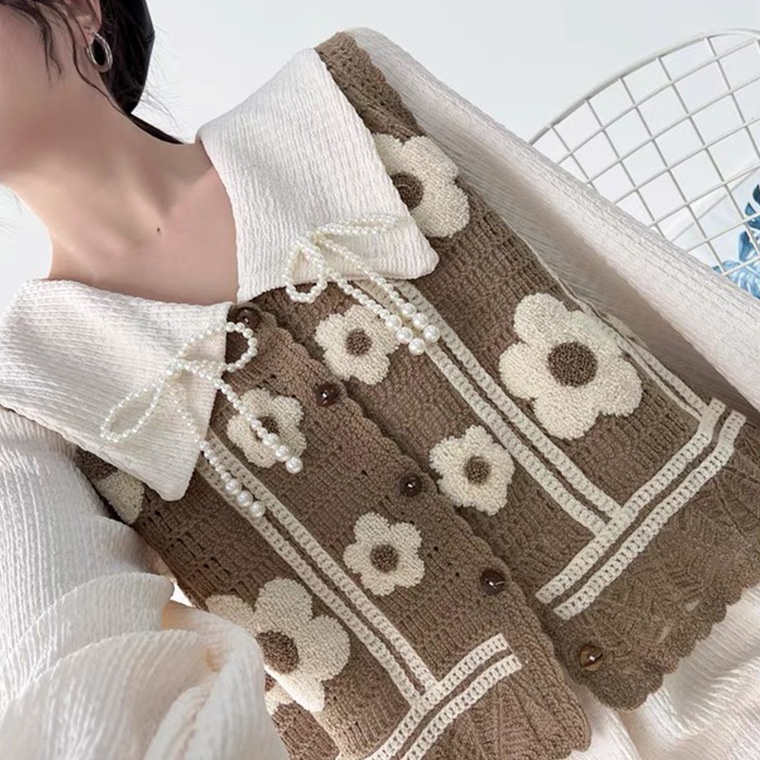 Áo khoác cardigan không tay cổ chữ V cài nút họa tiết hoa tùy chọn phong cách hippie Hàn Quốc retro