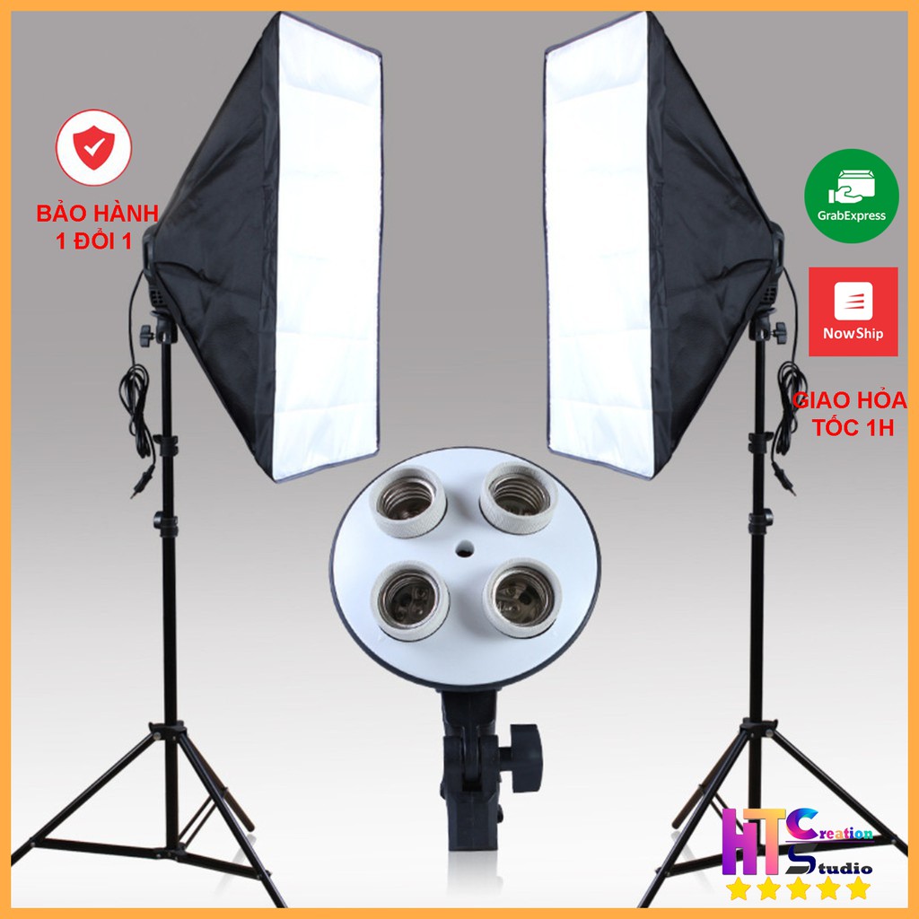 Bộ đèn studio chụp ảnh sản phẩm chân đèn 2m kèm Softbox 50x70 hỗ trợ sáng, Đui 4 bóng