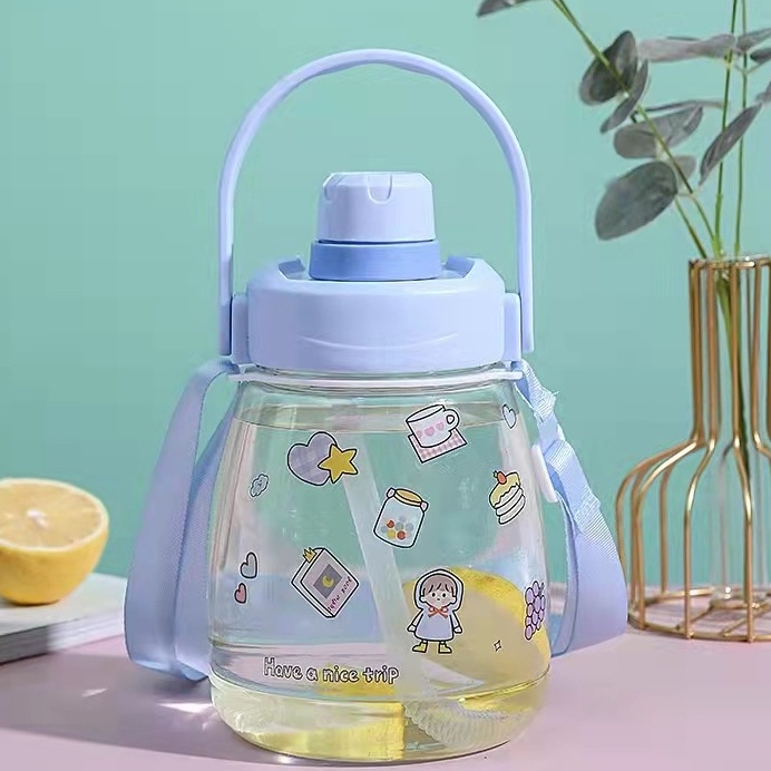 Bình Đựng Nước 1.2L Dễ Thương Có Vạch Báo Giờ Uống Nước Tặng kèm ống hút tiện lợi
