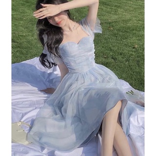 Đầm midi cúp ngực xếp eo tay phồng xanh Rossy Fashion - SR185
