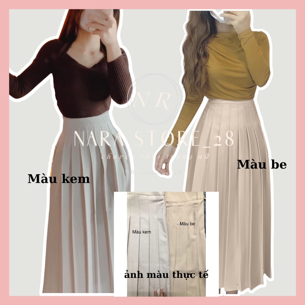 Chân váy midi dài, váy xếp ly dáng dài qua gối phong cách công sở vải hai biên cao cấp