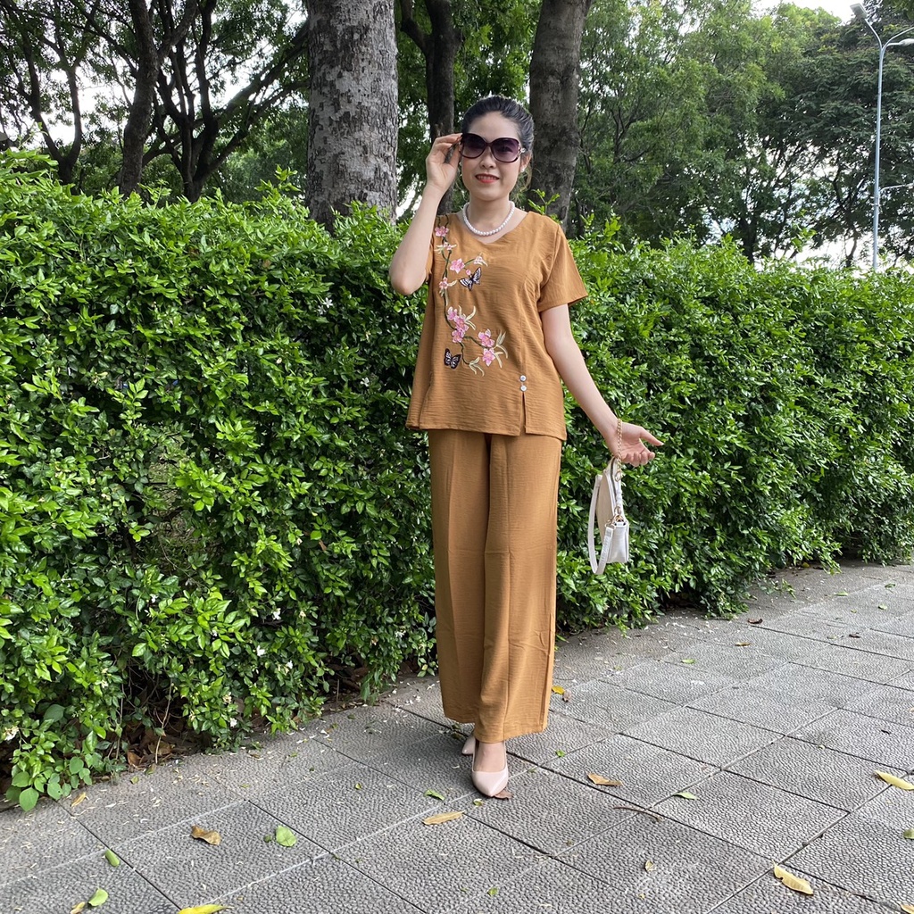 [Chỉ giảm giá hôm nay] Đồ Bộ Trung Niên Ống Rộng Dài Thêu cao cấp