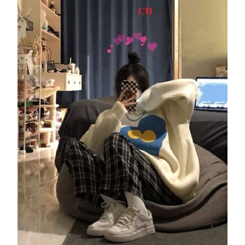 SÉT ÁO NỈ TIM XANH QUẦN KẺ THÔ SIÊU CUTE