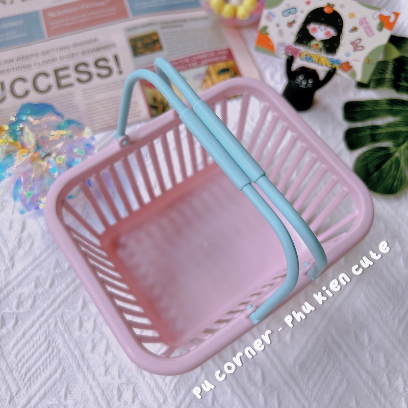 Giỏ nhựa mini có quai xách màu macaron xinh xắn decor