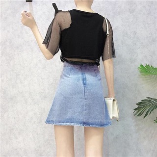 Set áo lưới + chân vây jean ( HOA THÊU )