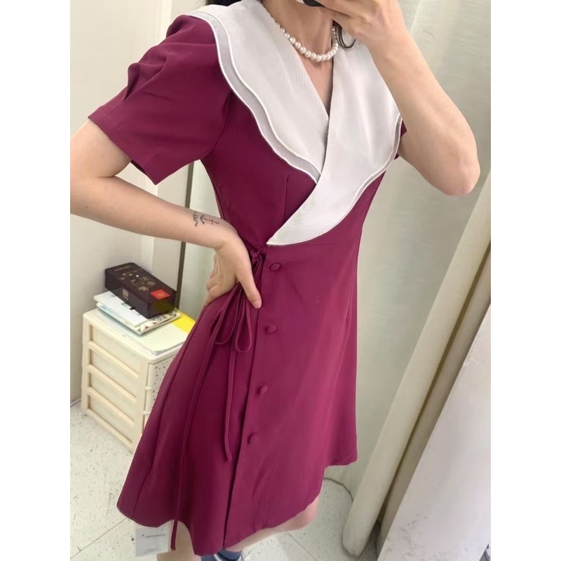 Đầm Phối Màu Đắp Vạt Thắt Dây Eo - BLD22236