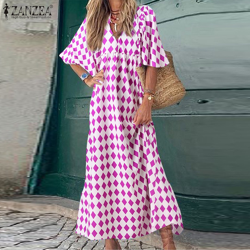 Đầm ZANZEA cổ tròn tay 3/4 họa tiết hình thoi phong cách Châu Âu cho nữ