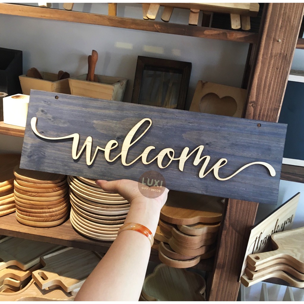 Bảng gỗ treo cửa Welcome lớn 25 (47x14.5cm) LUXI decor