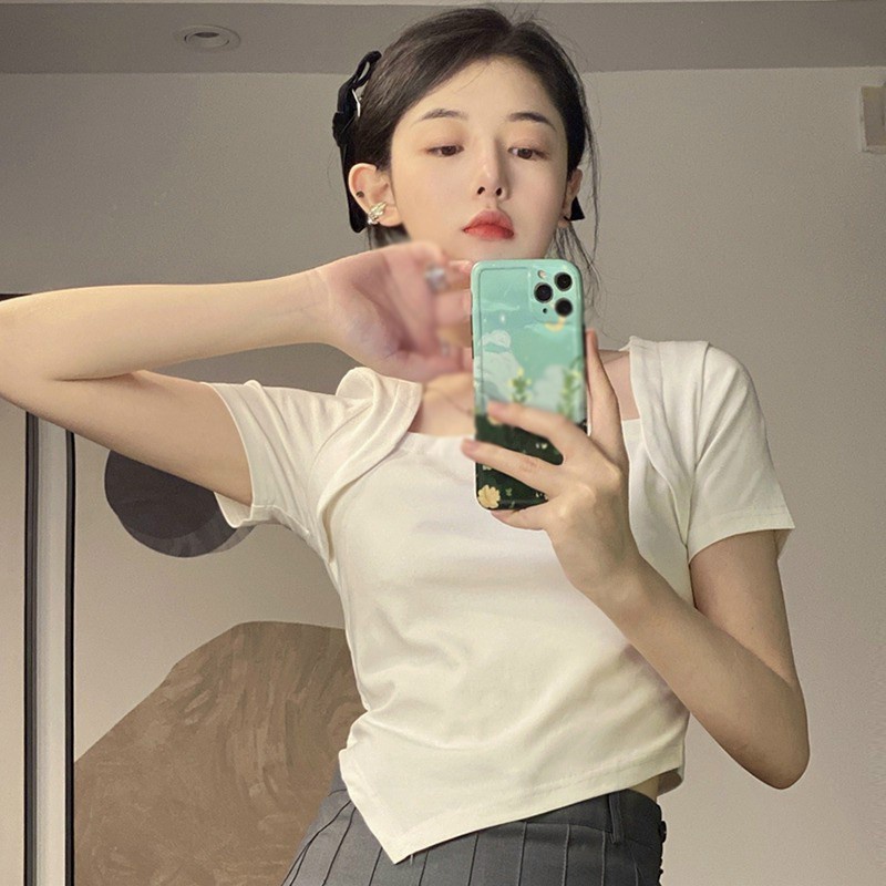 Áo croptop nữ cổ vuông tay đắp lai chéo vải thun tăm co giãn hàng đẹp Bingshop