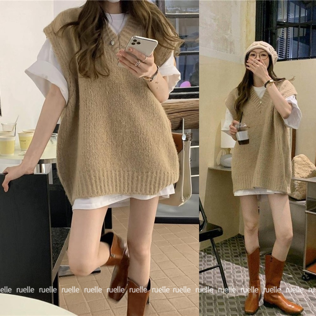 Set Áo Thun Ngắn Tay Form Rộng Và Áo Len Không Tay Phong Cách Hàn Quốc