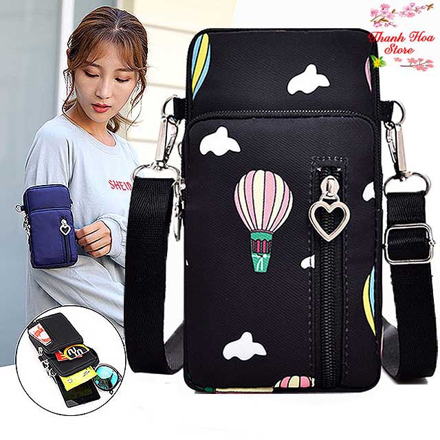 Túi đeo chéo nữ đi chơi vải dù chống nước thời trang nhỏ đẹp, nhiều ngăn đựng điện thoại, dễ thương màu đen, hồng giá rẻ