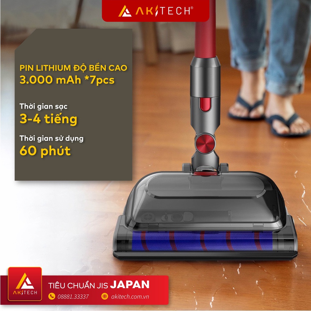 Máy hút bụi cầm tay không dây AKI PRO V10 tích hợp lau nhà, ống nối công thái học lực hút 30000Pa