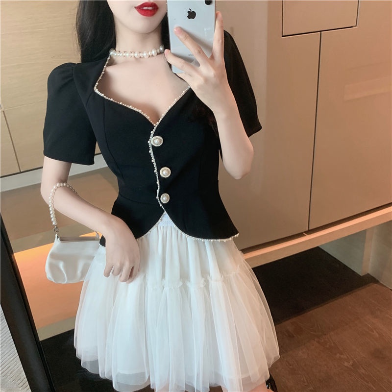 Bộ Áo Ngắn Tay + Chân Váy Lưới Lưng Cao 2 Mảnh Thời Trang Mùa Hè Mới Cho Nữ | BigBuy360 - bigbuy360.vn