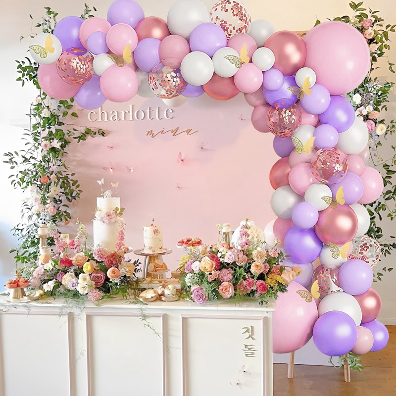 Bộ Bong Bóng Hình Bướm Màu Hồng Tím Dùng Trang Trí Tiệc Sinh Nhật