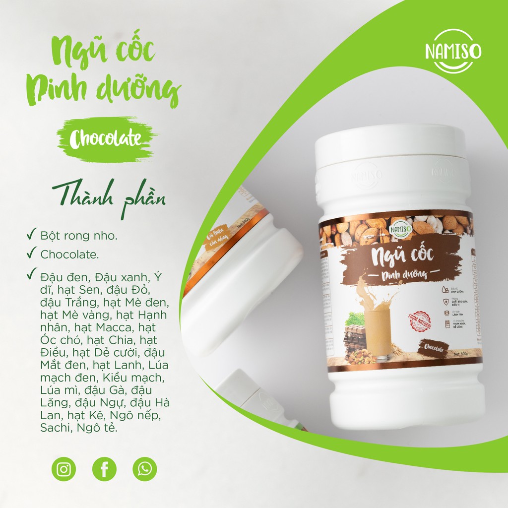 Bột ngũ cốc dinh dưỡng Namiso, bột ngũ cốc dinh dưỡng vị chocolate-  Hộp 500gr