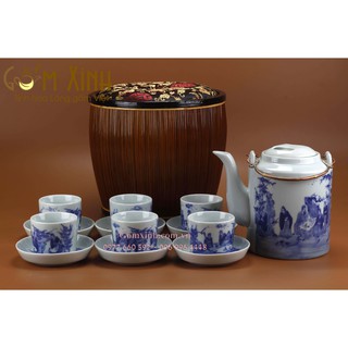 Bao ủ_giỏ ủ ấm kèm bộ ấm tích Bát Tràng 1.5 lít (dòng men lam cổ cao cấp)