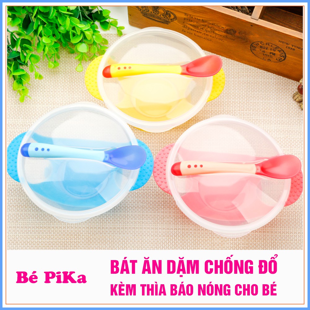 Bát ăn dặm chống đổ có nắp đạy kèm thìa báo nóng an toàn cho bé