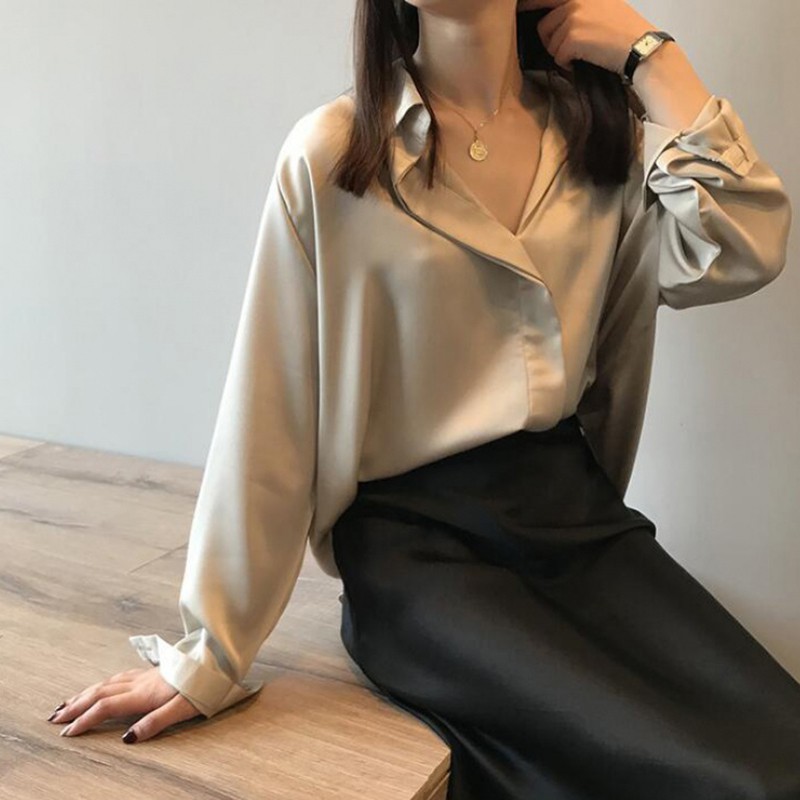 Áo sơ mi cổ chữ V tay dài màu trơn dành cho phái đẹp
