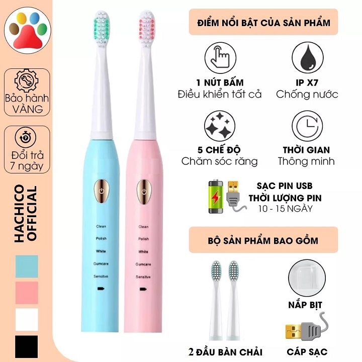 Bàn chải điện đánh răng tự động 5 chế độ rung tặng kèm 2 đầu chải giúp đánh bay các mảng bán giúp miệng sạch sẽ thơm tho