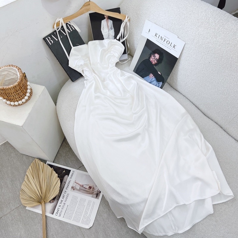 ĐẦM MIDI TRẮNG KHOÉT RÚT EO 2 DÂY MS241 DIBBY