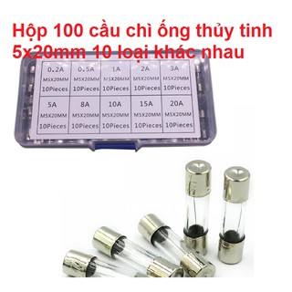 Hộp 100 Cầu Chì 10 Loại 5x20mm 250V  Ống Thủy Tinh Bọc Kim Loại Dẫn Điện 5.1mm.