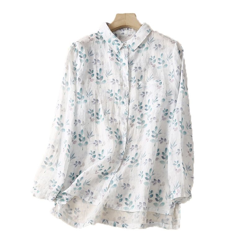 Áo sơ mi BH tay dài dáng rộng vải lanh cotton in họa tiết phong cách vintage thời trang cho nữ