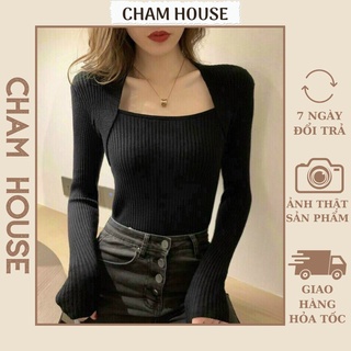 Áo croptop dài tay cổ vuông thun gân ôm body cực xinh