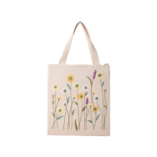 Túi tote vải linen thêu tay họa tiết hoa dại có khóa kéo
