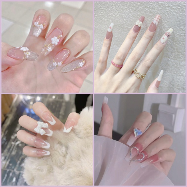 Bộ 24 Móng Tay Giả Kiểu Pháp Đính Đá Chống Thấm Nước Kèm Keo Dáng Ngắn/Nơ Kim Cương Giả Bằng Acrylic