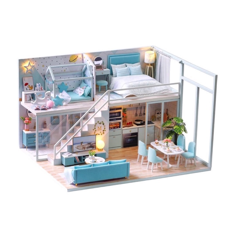 (Tặng mica,keo sữa,đèn)Mô hình lắp ráp đồ chơi bé tự làm Diy doll house Nhà búp bê bằng gỗ L028