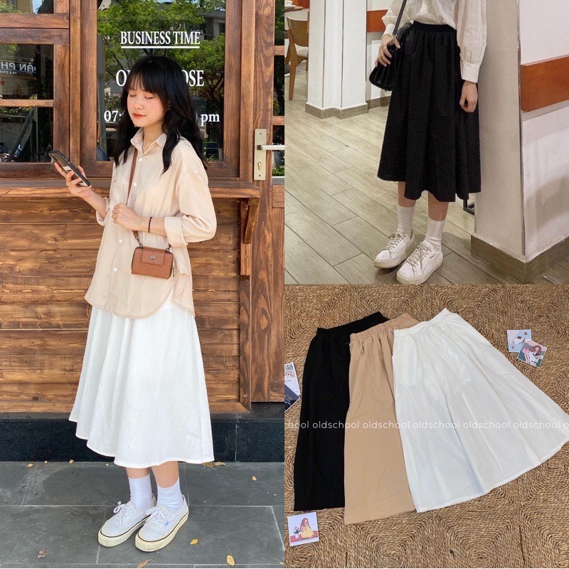 [Ảnh thật] Chân váy đũi dáng dài style Hàn Quốc Chân váy vintage Quảng Châu Đầm nữ