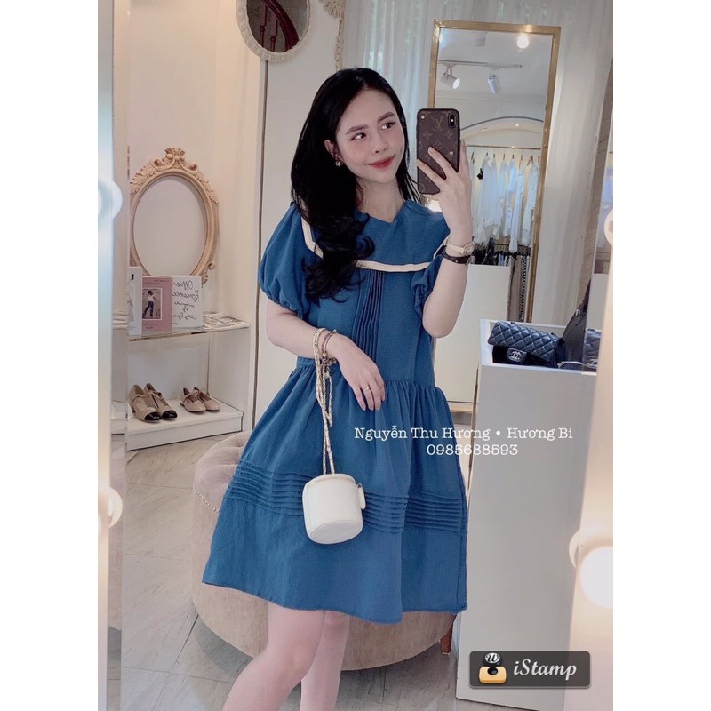 [Mã SKAMA06 giảm 8% tối đa 50K đơn 250K] Váy xanh xếp ly tay bồng cổ viền