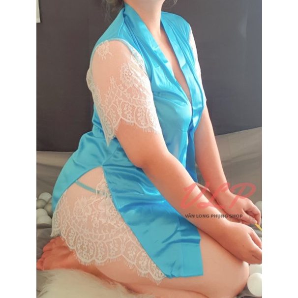 [BIGSIZE_80KG]_DN69_Áo choàng Satin bóng phối ren hồng &amp; xanh