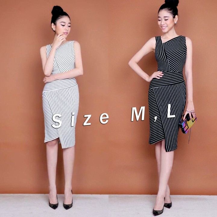 Đầm body sọc trắng đen cách điệu