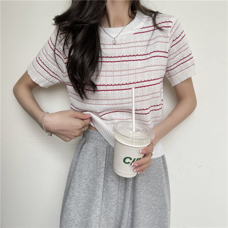 Áo Len Nữ Tay Ngắn Kẻ Sọc Ngang Thời Trang Trẻ Trung