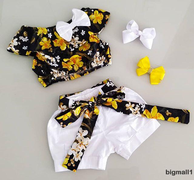 Set Áo Sát Nách In Hoa + Quần Short Đính Nơ Cho Bé Gái
