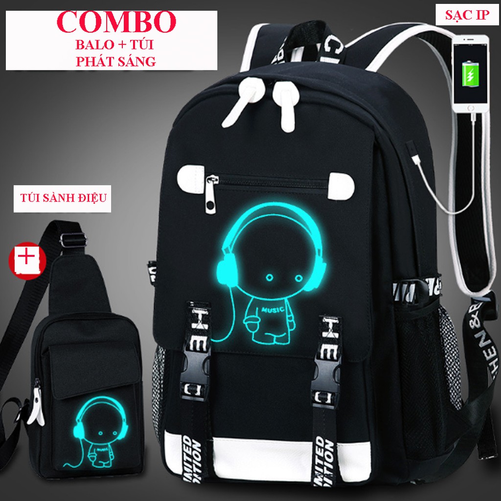 Bộ Balo + Túi Dạ Quang Phát Sáng Trong Đêm BoyMusic, Tặng Cáp Sạc USB