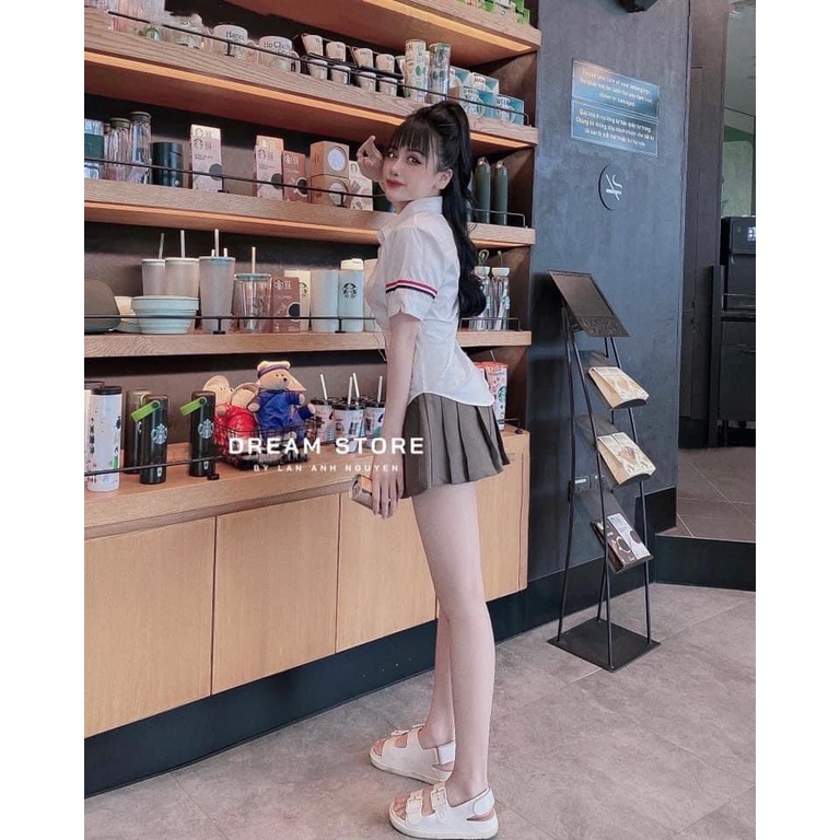 Set Trang Phục Nữ Áo Sơ Mi Tay Cộc + Chân Váy Xòe Xếp Ly Năng Động