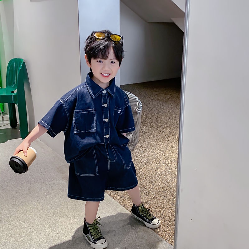 Bộ Áo Sơ Mi Ngắn Tay + Quần Đùi Denim Phong Cách Hàn Quốc Thời Trang Mùa Hè Mới Cho Bé Trai
