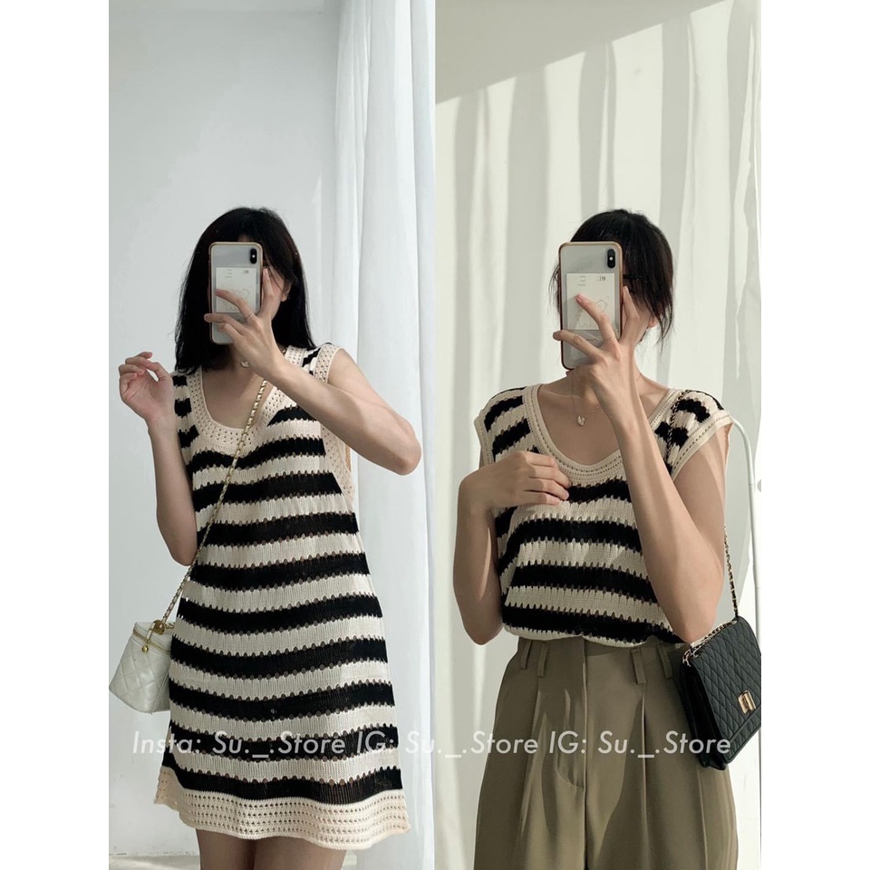 Váy Đi Biển Len Lưới, Đầm Suông Kẻ Ngang Hàng Quảng Châu Loại 1