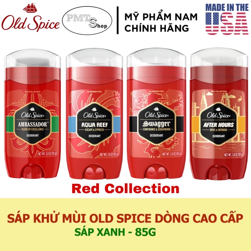 Lăn Sáp khử mùi nam Old Spice Red Collection 85g (sáp xanh) Swagger , Aqua Reef , After Hours , Captain