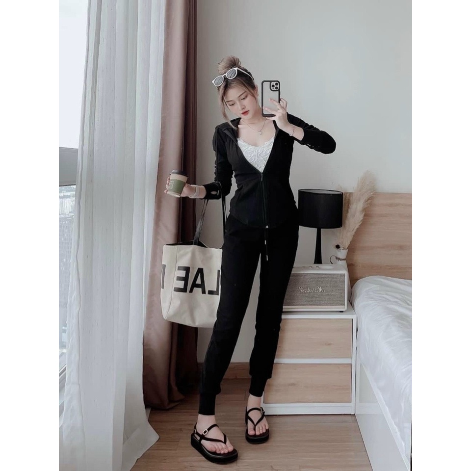 [10.10 Sales Freeship] Set bộ thun gân nữ, set bộ áo dài tay khóa kéo có nón, quần ôm dài ống túm đi chơi trẻ trung dx