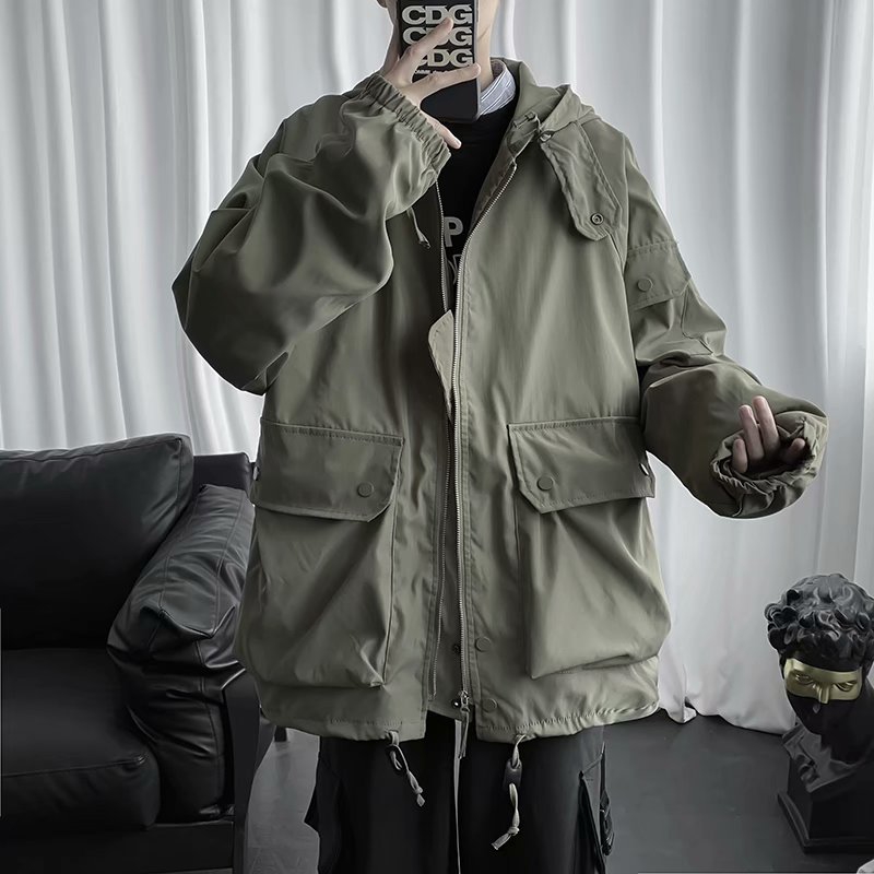 Áo Khoác Nam Có Mũ Trùm Đầu Thiết Kế Nhiều Túi Thời Trang Phong Cách Hàn Quốc