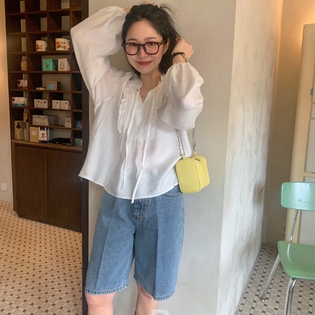 SUXI Áo Sơ Mi Cotton Mềm Dáng Rộng Dài Tay Phối Dây Thắt Phong Cách Hàn Quốc Sành Điệu