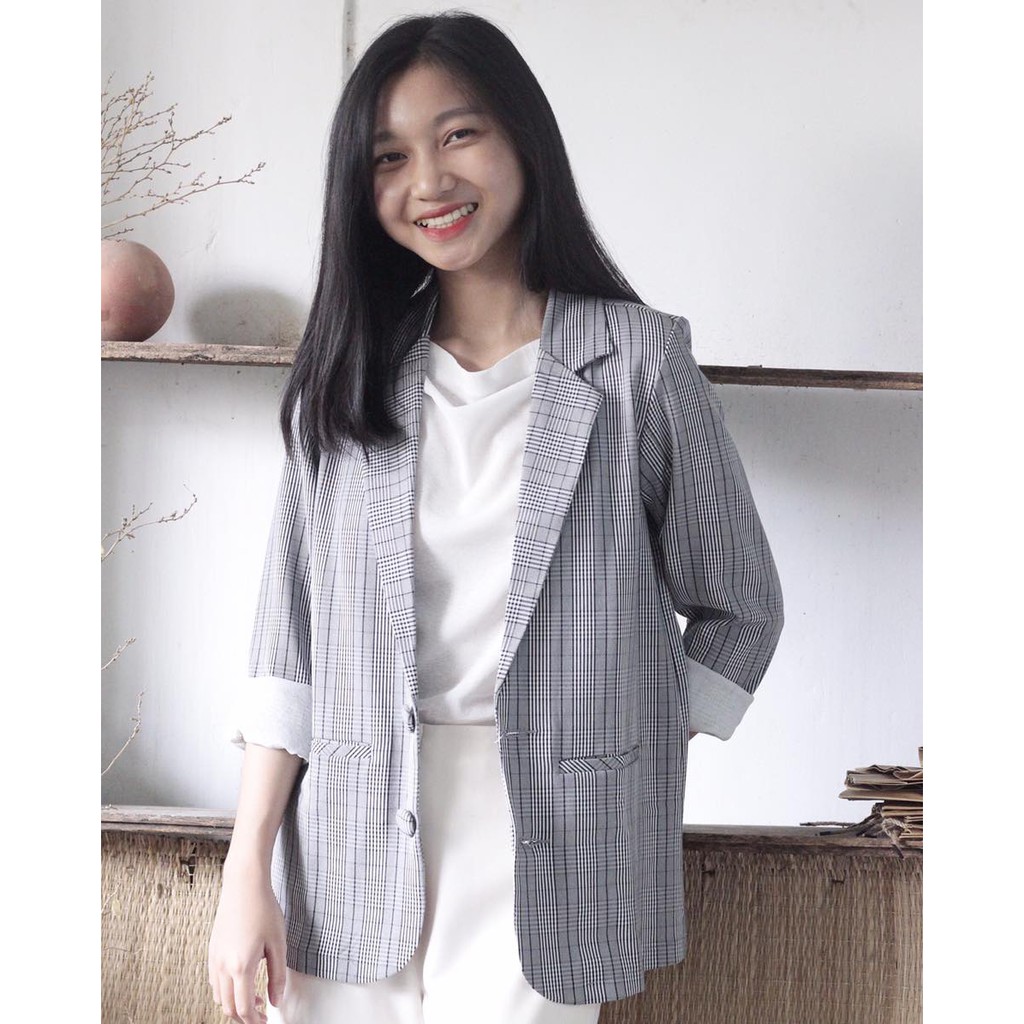 Áo vest blazer nữ KHÀN màu caro xám kẻ trắng áo khoác công sở tay dài 1 lớp phong cách Hàn Quốc