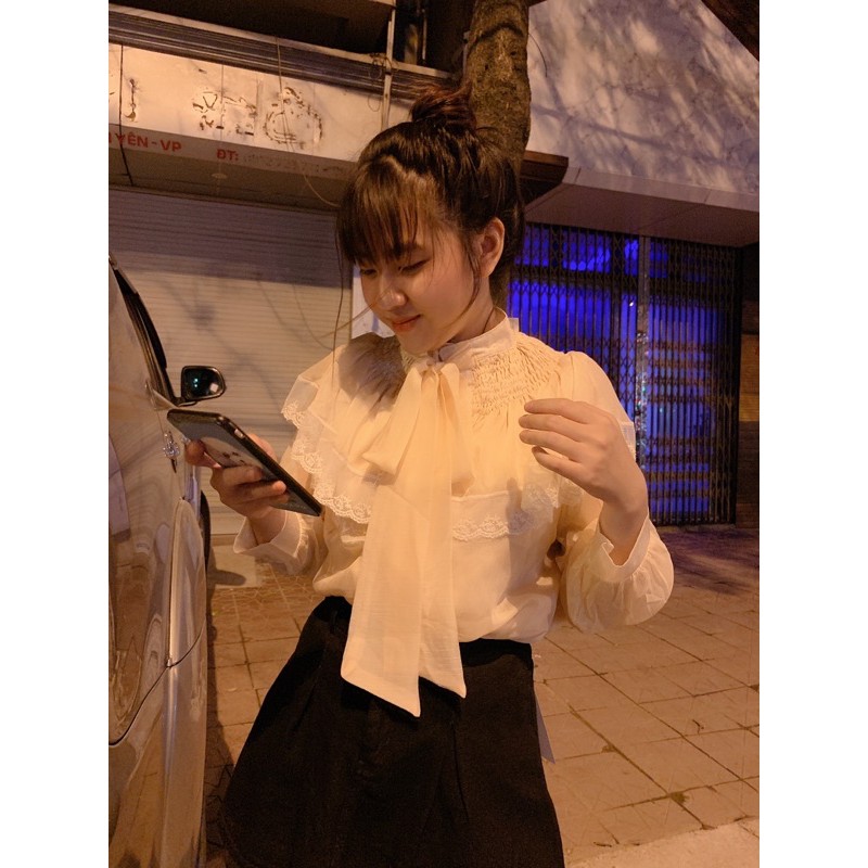 ÁO SƠ MI TƠ VAI CHUN VIỀN BÈO THẮT NƠ | BigBuy360 - bigbuy360.vn